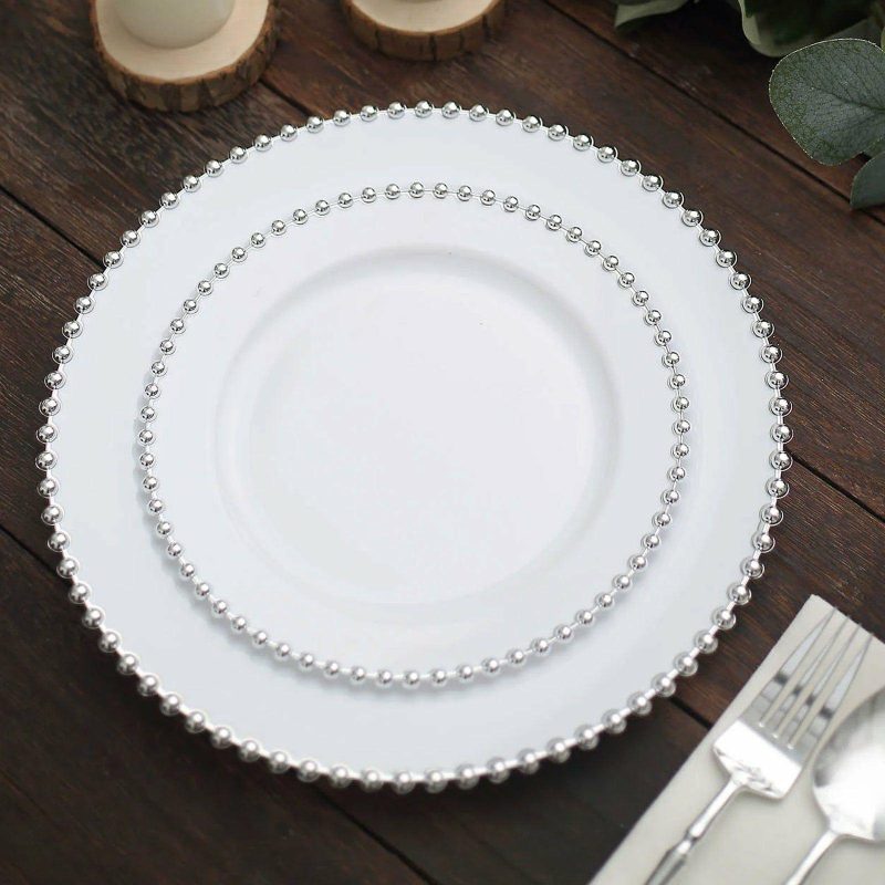 10 Pack White / Silver Beaded Rim Plastic Dessert Appetizer Plates, Disposable Round Salad Party Plates 8″  |   Disposable Salad/Dessert Plates Disposable Plates Disposable Salad/Dessert Plates