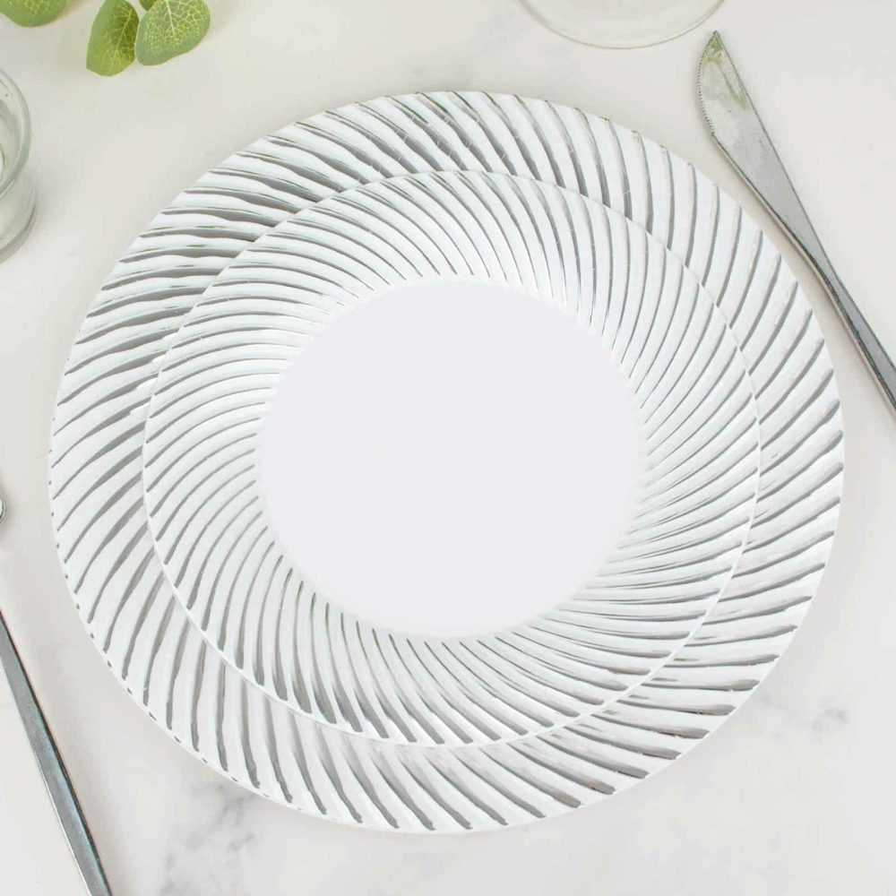 10 Pack White / Silver Swirl Rim Plastic Dessert Appetizer Plates, Round Disposable Salad Plates 7″  |   Disposable Salad/Dessert Plates Disposable Plates Disposable Salad/Dessert Plates