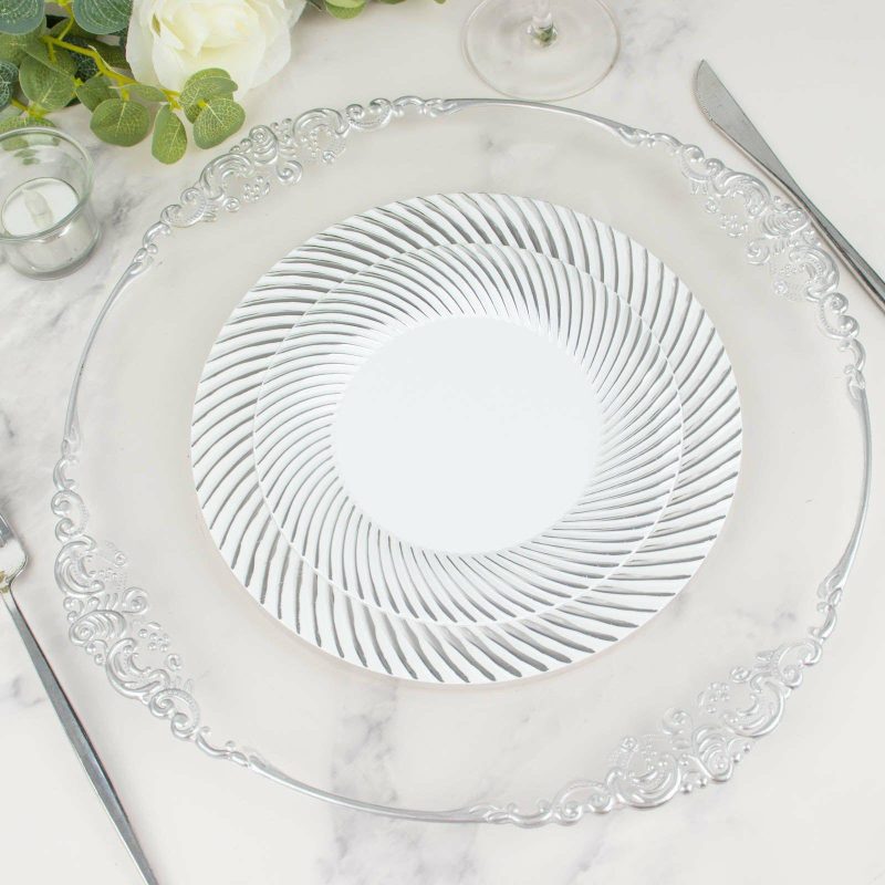 10 Pack White / Silver Swirl Rim Plastic Dessert Appetizer Plates, Round Disposable Salad Plates 7″  |   Disposable Salad/Dessert Plates Disposable Plates Disposable Salad/Dessert Plates