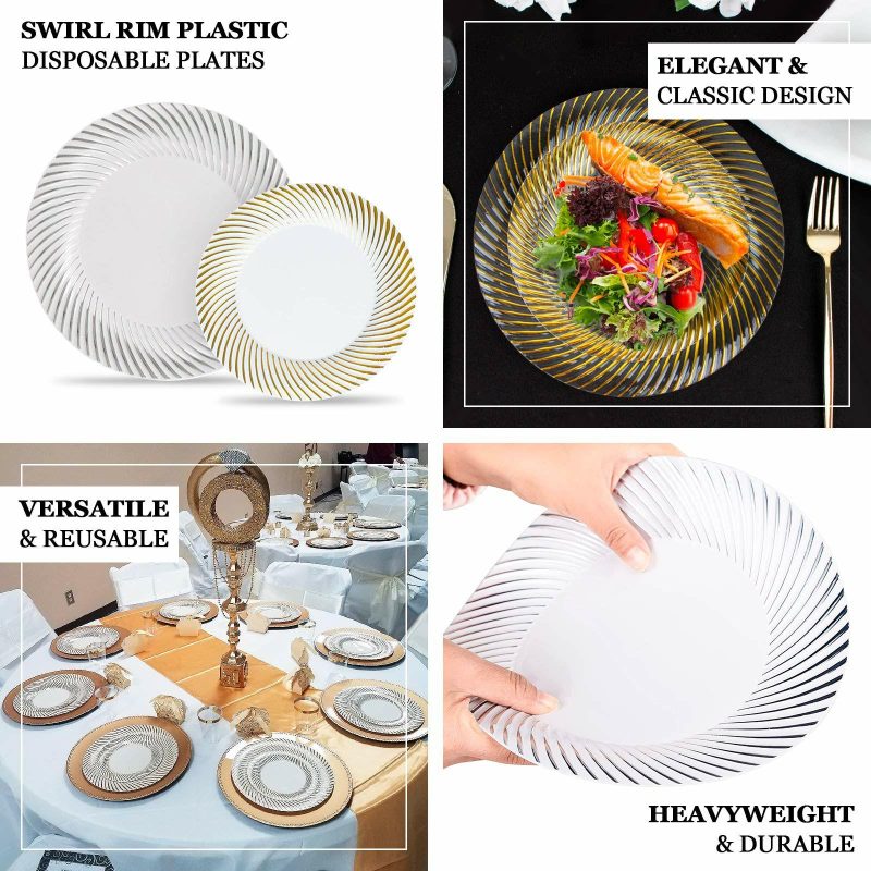 10 Pack White / Silver Swirl Rim Plastic Dessert Appetizer Plates, Round Disposable Salad Plates 7″  |   Disposable Salad/Dessert Plates Disposable Plates Disposable Salad/Dessert Plates