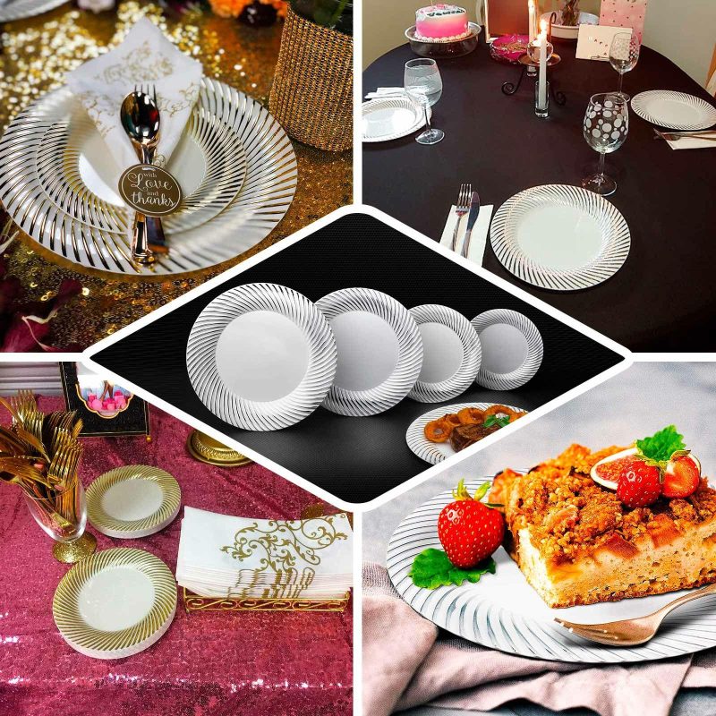 10 Pack White / Silver Swirl Rim Plastic Dessert Appetizer Plates, Round Disposable Salad Plates 7″  |   Disposable Salad/Dessert Plates Disposable Plates Disposable Salad/Dessert Plates