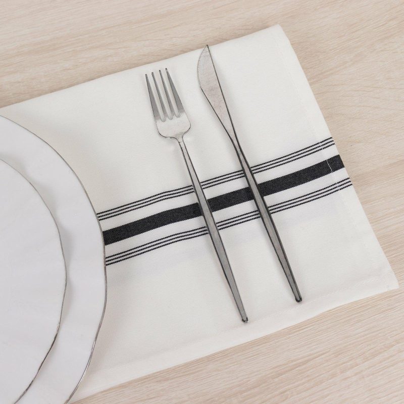 10 Pack White Spun Polyester Bistro Napkins with Black Reverse Stripes, Premium Restaurant Quality Cloth Napkins – 18″x22″  |   Polyester Cloth Napkins Black