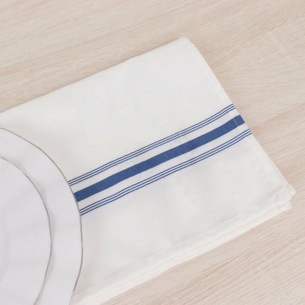 10 Pack White Spun Polyester Bistro Napkins with Blue Reverse Stripes, Premium Restaurant Quality Cloth Napkins – 18″x22″  |   Polyester Cloth Napkins Blue