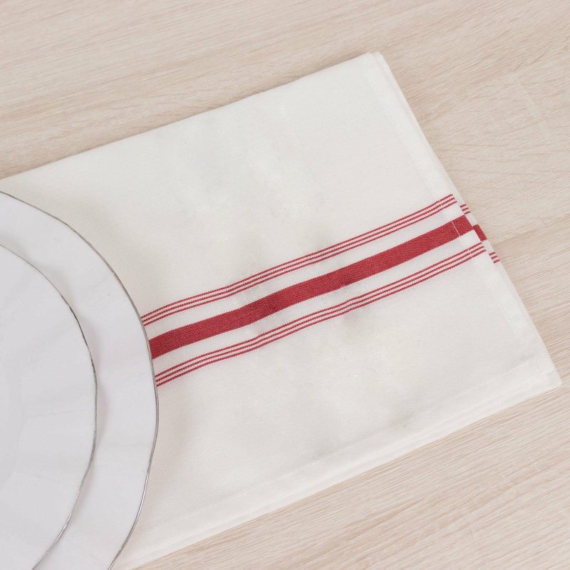 10 Pack White Spun Polyester Bistro Napkins with Red Reverse Stripes, Premium Restaurant Quality Cloth Napkins – 18″x22″  |   Polyester Cloth Napkins Polyester