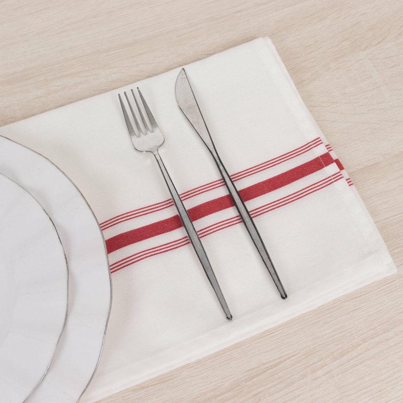 10 Pack White Spun Polyester Bistro Napkins with Red Reverse Stripes, Premium Restaurant Quality Cloth Napkins – 18″x22″  |   Polyester Cloth Napkins Polyester