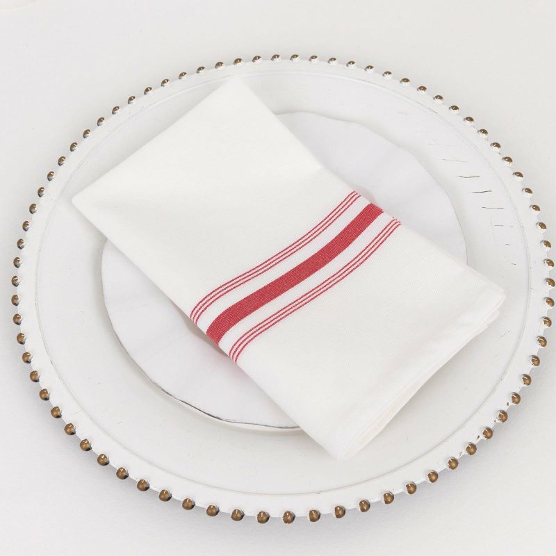 10 Pack White Spun Polyester Bistro Napkins with Red Reverse Stripes, Premium Restaurant Quality Cloth Napkins – 18″x22″  |   Polyester Cloth Napkins Polyester