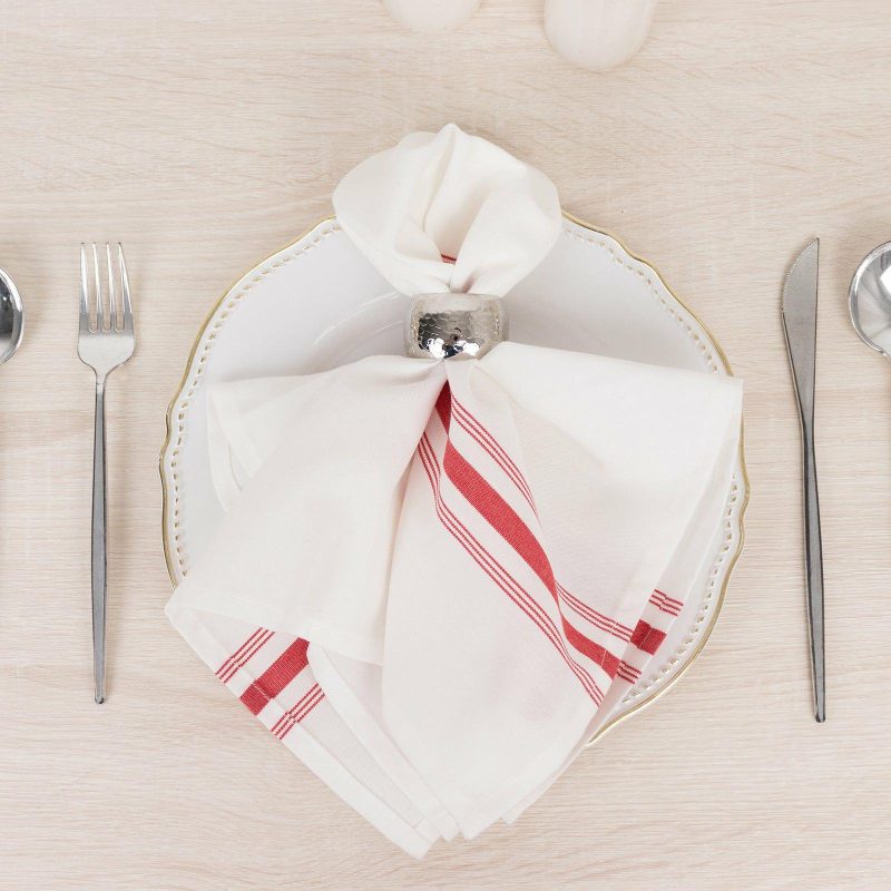 10 Pack White Spun Polyester Bistro Napkins with Red Reverse Stripes, Premium Restaurant Quality Cloth Napkins – 18″x22″  |   Polyester Cloth Napkins Polyester