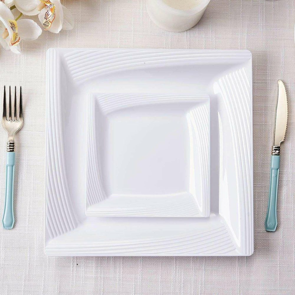 10 Pack White Square Geometric Ridge Trim Plastic Salad Plates, Disposable Appetizer Plates 6″  |   Disposable Salad/Dessert Plates Disposable Plates Disposable Salad/Dessert Plates