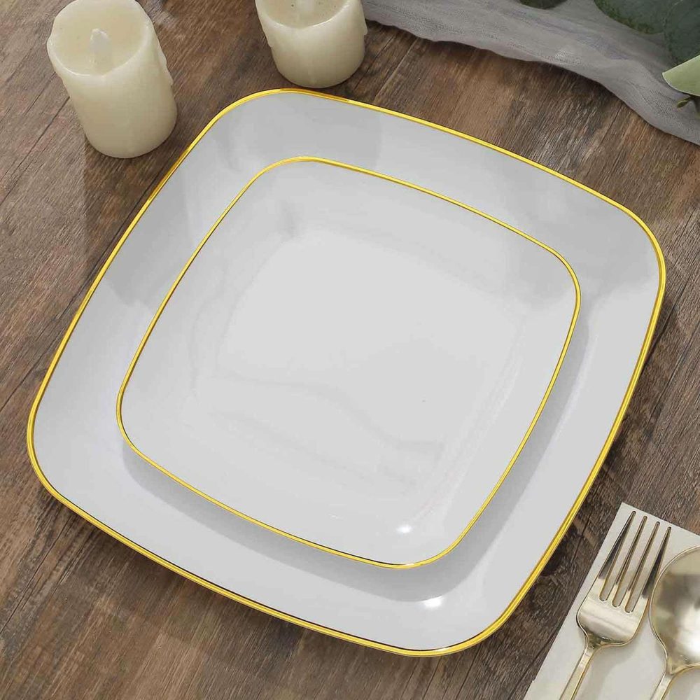 10 Pack White with Gold Rim Square Plastic Dessert Party Plates, Disposable Appetizer Salad Plates 7″  |   Disposable Salad/Dessert Plates Disposable Plates Disposable Salad/Dessert Plates