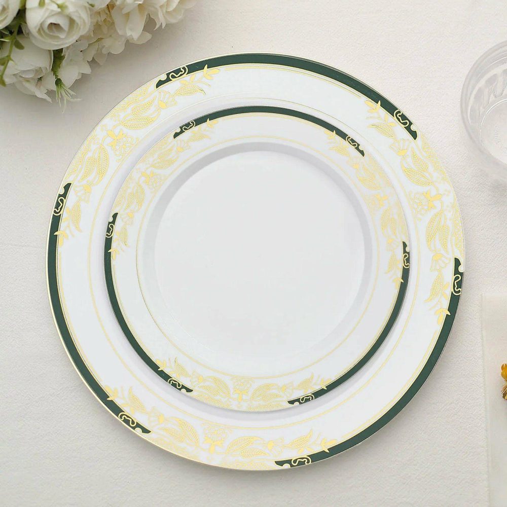 10 Pack White With Hunter Emerald Green Rim Plastic Appetizer Salad Plates, Round With Gold Vine Design 8″  |   Disposable Salad/Dessert Plates Disposable Plates Disposable Salad/Dessert Plates