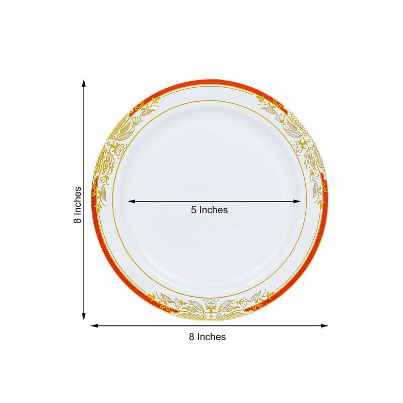 10 Pack White With Red Rim Plastic Appetizer Salad Plates, Round With Gold Vine Design 8″  |   Disposable Salad/Dessert Plates Disposable Plates Disposable Salad/Dessert Plates