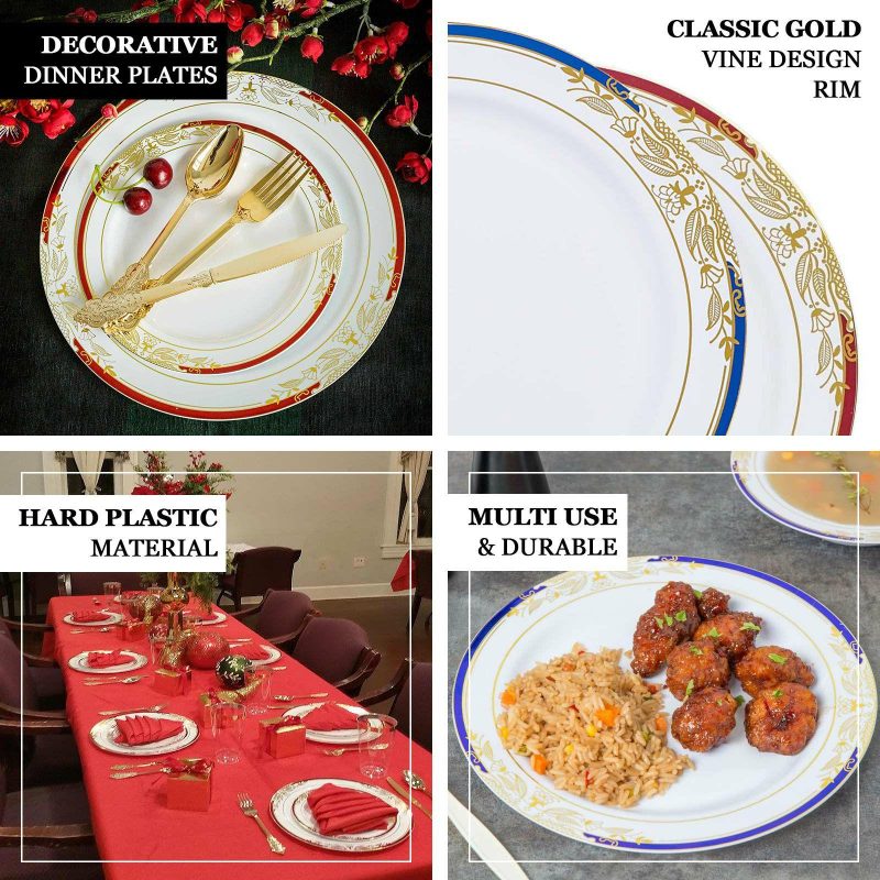 10 Pack White With Red Rim Plastic Appetizer Salad Plates, Round With Gold Vine Design 8″  |   Disposable Salad/Dessert Plates Disposable Plates Disposable Salad/Dessert Plates