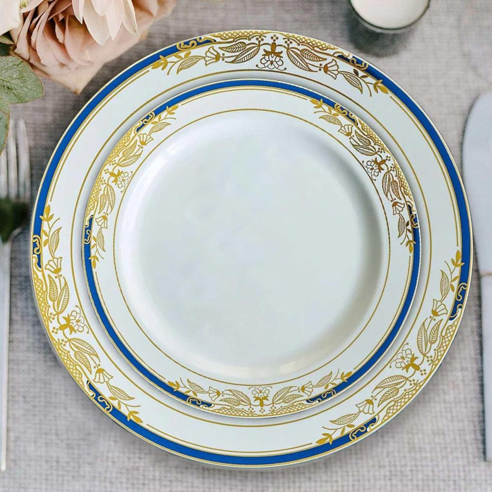 10 Pack White With Royal Blue Rim Plastic Appetizer Salad Plates, Round With Gold Vine Design 8″  |   Disposable Salad/Dessert Plates Disposable Plates Disposable Salad/Dessert Plates