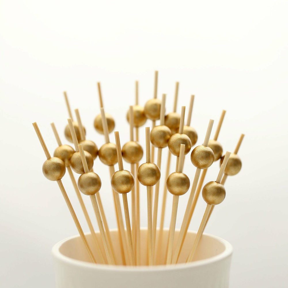 100 Pack Gold Pearl Bamboo Skewers Cocktail Picks, Stir Sticks, Eco Friendly 4.5″  |   Serving Utensils & Picks Plastic Cutlery & Utensils Gold Pearl