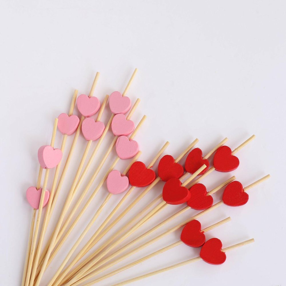 100 Pack Red Pink Biodegradable Bamboo Heart Skewers Cocktail Sticks, Eco Friendly Fruit Appetizer Party Picks – 5″  |   Serving Utensils & Picks Plastic Cutlery & Utensils Heart