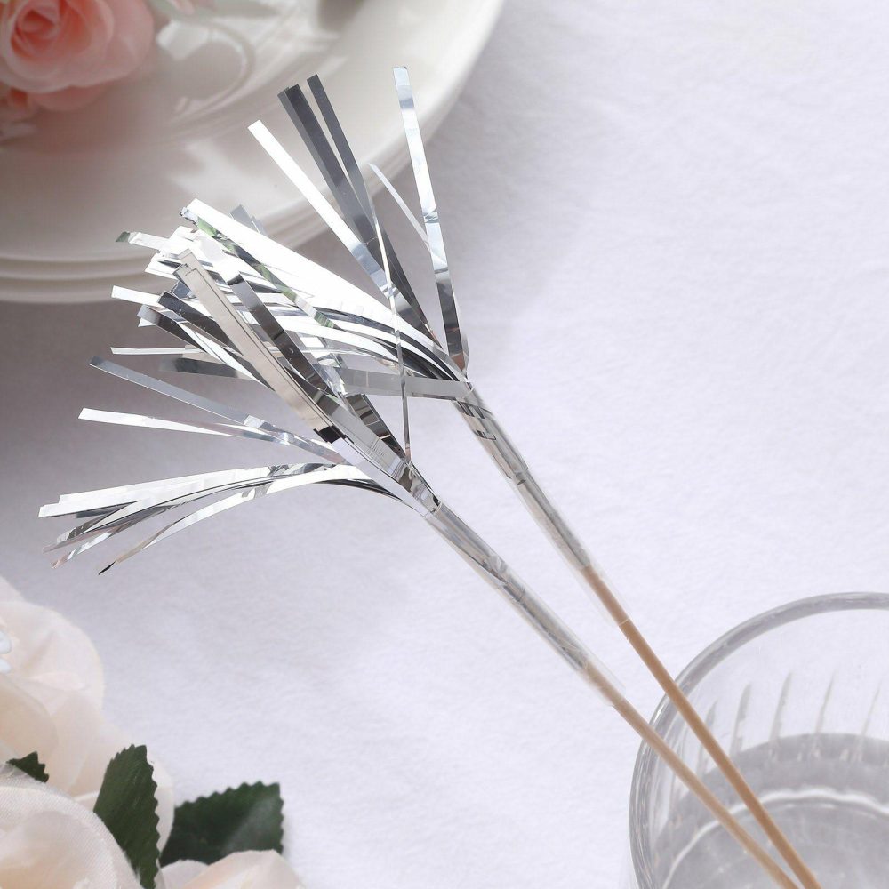 100 Pack Silver Firework Cupcake Toppers, Festive Foil Frills Bamboo Cocktail Sticks 9″ Food Picks  |   Serving Utensils & Picks Plastic Cutlery & Utensils Serving Utensils & Picks