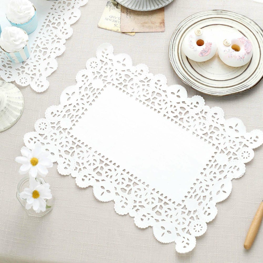 100 Pcs White Food Grade Paper Placemats, Rectangle Lace Paper Doilies 14″x10″  |   Servingwares Disposable Plates Servingwares