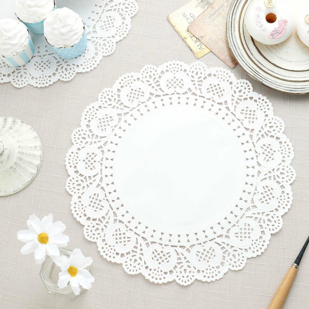 100 Pcs White Food Grade Paper Placemats, Round Lace Paper Doilies 12″  |   Paper Chargers & Trays Paper Chargers & Trays Paper Chargers & Trays