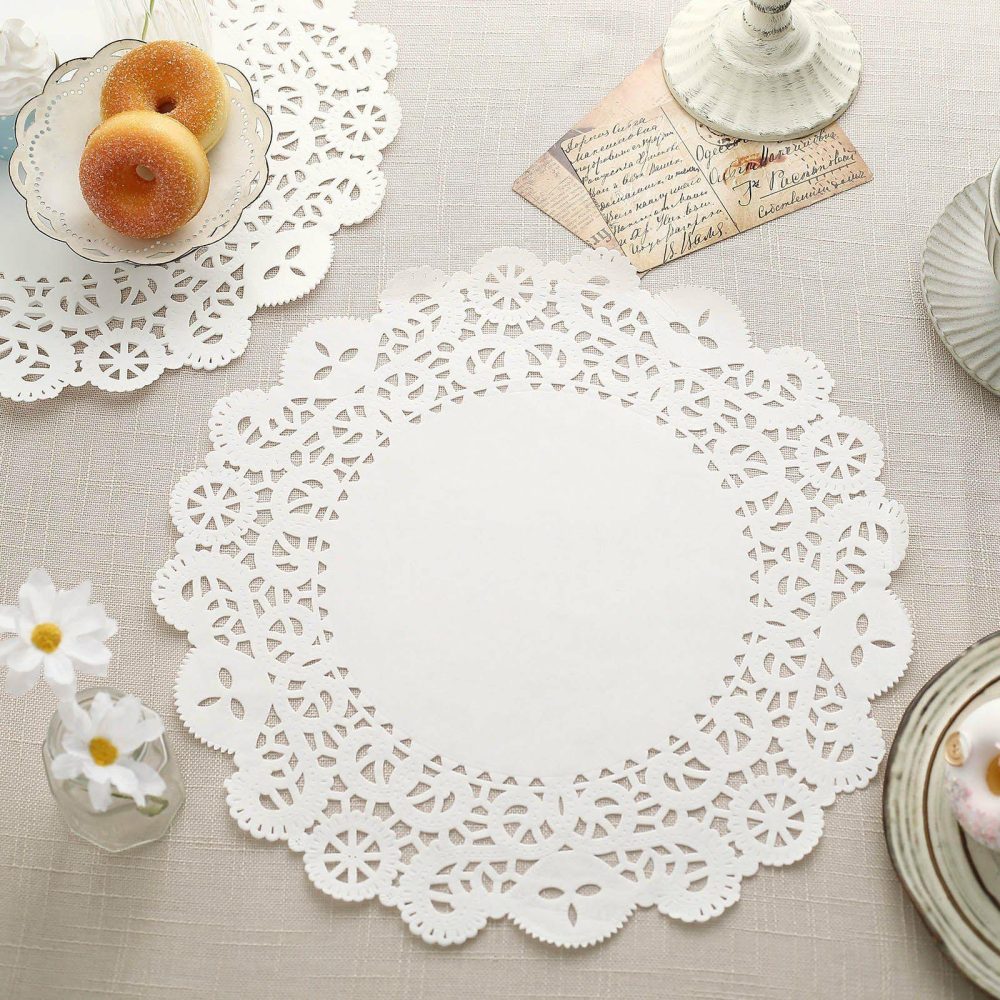 100 Pcs White Food Grade Paper Placemats, Round Lace Paper Doilies 14″  |   Paper Chargers & Trays Paper Chargers & Trays Paper Chargers & Trays