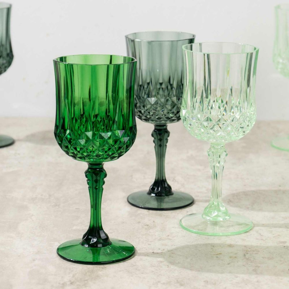 12 Pack Assorted Green Crystal Cut Reusable Plastic Wine Glasses, Shatterproof Cocktail Goblets 8oz  |   Champagne Glasses & Flutes Champagne Glasses & Flutes Assorted Green