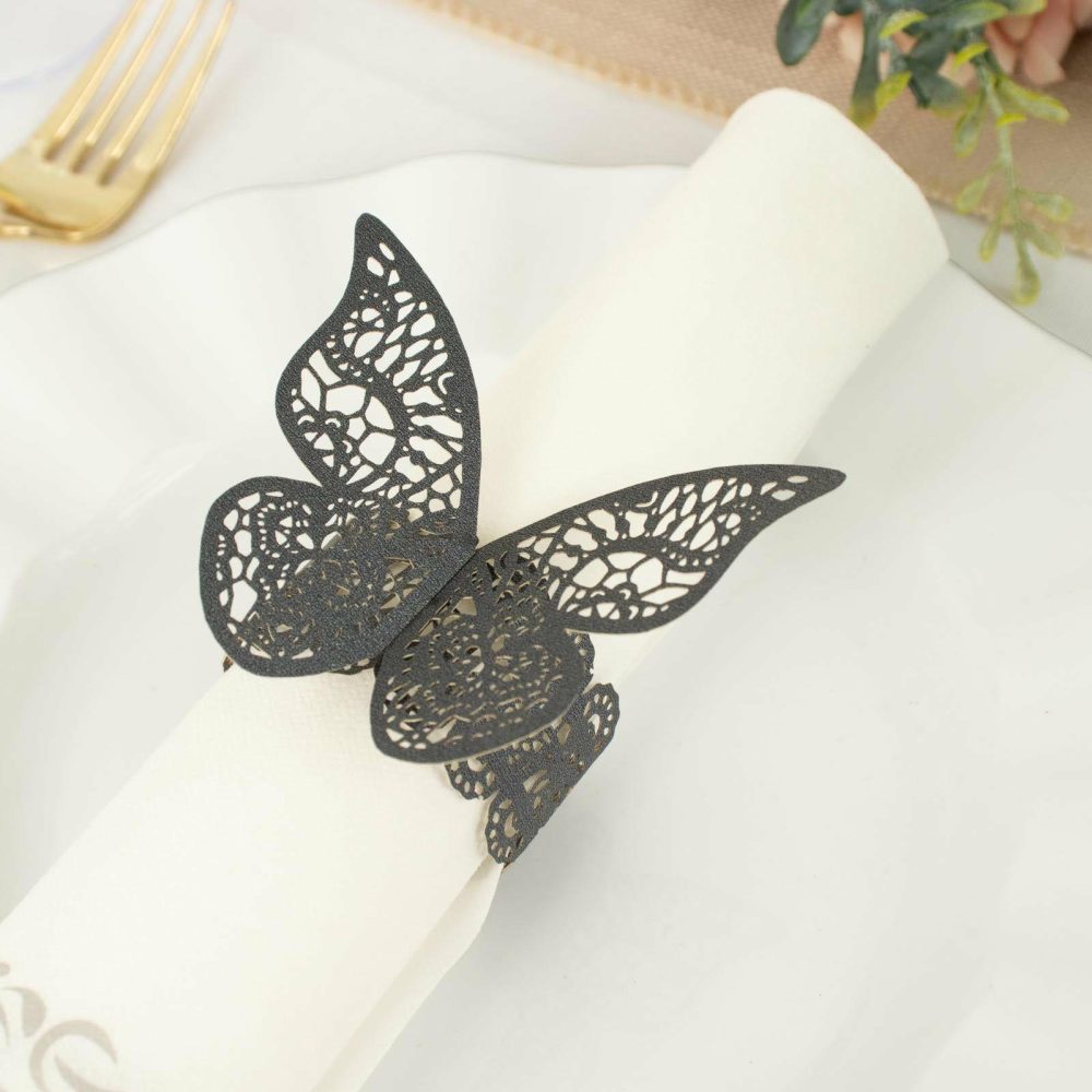 12 Pack Black Shimmery Laser Cut Butterfly Paper Napkin Rings, Chair Sash Bows, Serviette Holders  |   Napkin Rings Cloth Napkins Black