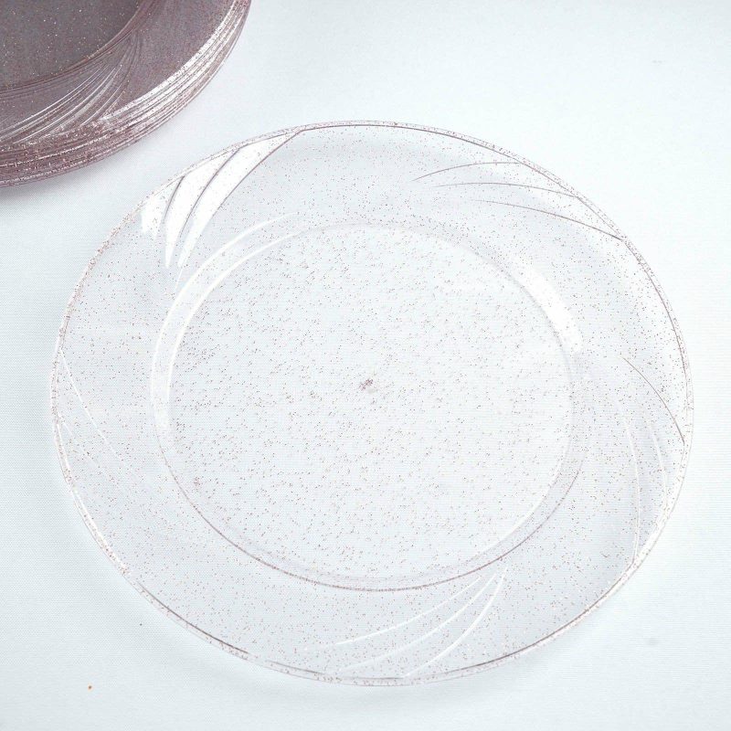 12 Pack Blush Glittered Plastic Disposable Dinner Plates With Shiny Swirl Rim 9″  |   Disposable Dinner Plates Disposable Dinner Plates Blush/Clear