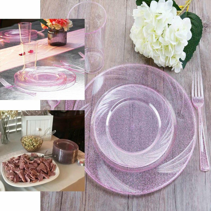 12 Pack Blush Glittered Plastic Disposable Dinner Plates With Shiny Swirl Rim 9″  |   Disposable Dinner Plates Disposable Dinner Plates Blush/Clear