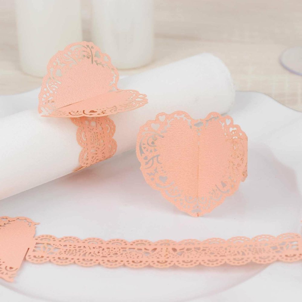 12 Pack Blush Shimmery Laser Cut Heart Paper Napkin Rings with Lace Pattern, Disposable Napkin Holders Bands  |   Napkin Rings Cloth Napkins Blush