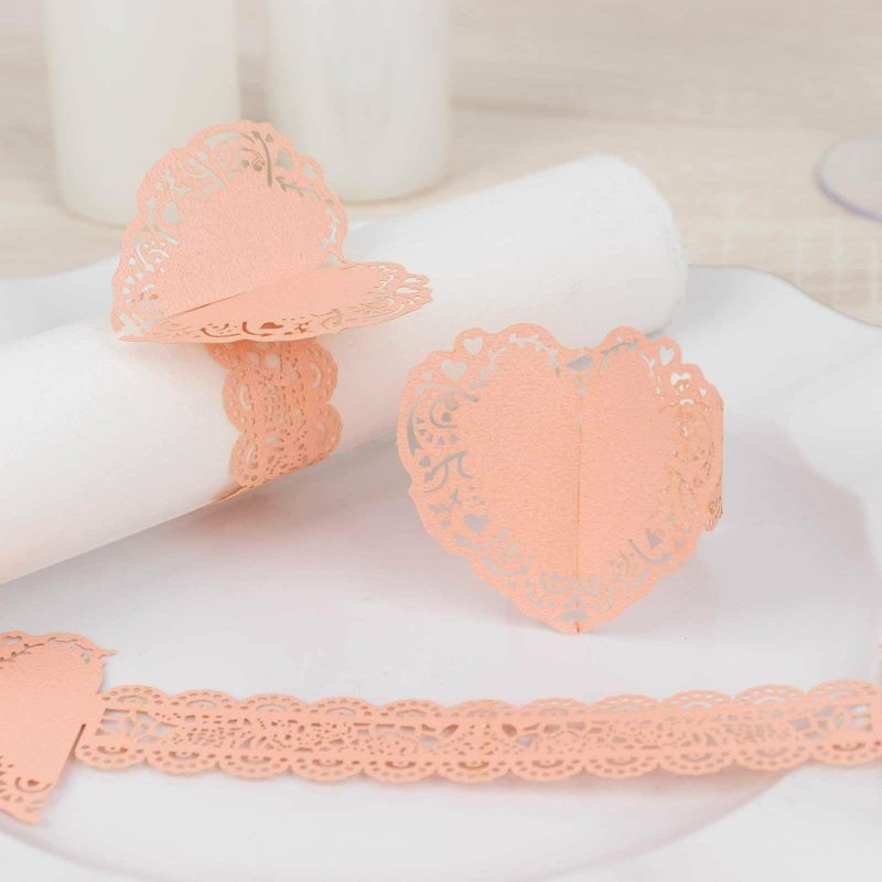 12 Pack Blush Shimmery Laser Cut Heart Paper Napkin Rings with Lace Pattern, Disposable Napkin Holders Bands  |   Napkin Rings Cloth Napkins Blush