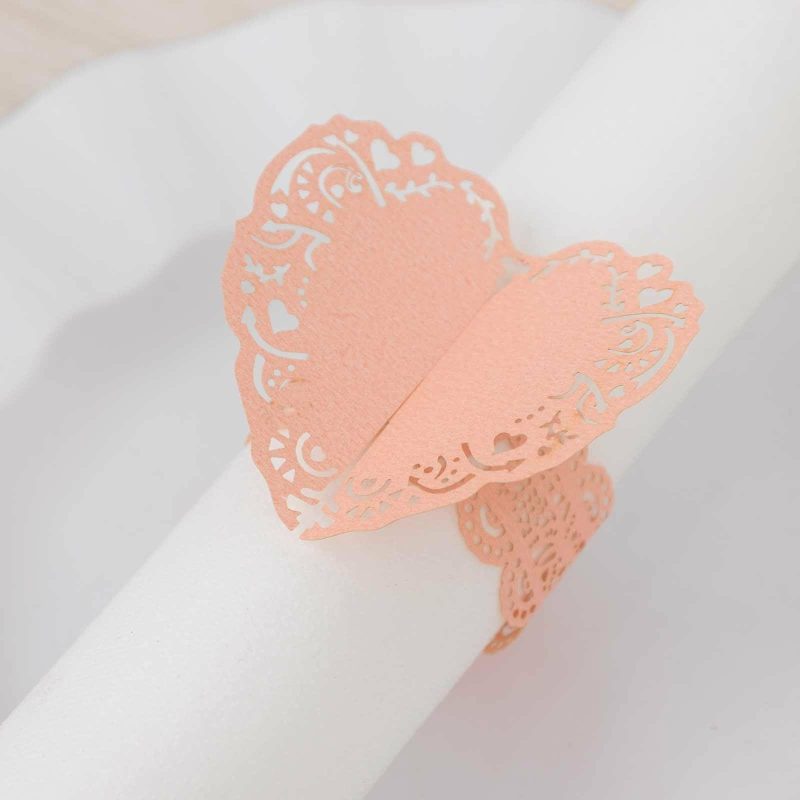 12 Pack Blush Shimmery Laser Cut Heart Paper Napkin Rings with Lace Pattern, Disposable Napkin Holders Bands  |   Napkin Rings Cloth Napkins Blush