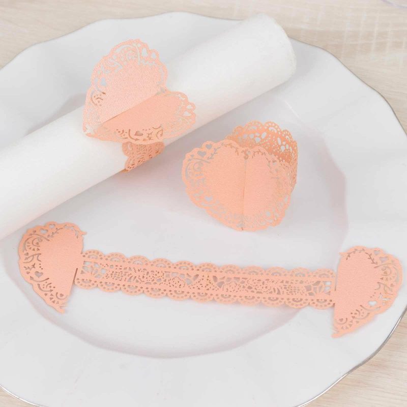 12 Pack Blush Shimmery Laser Cut Heart Paper Napkin Rings with Lace Pattern, Disposable Napkin Holders Bands  |   Napkin Rings Cloth Napkins Blush