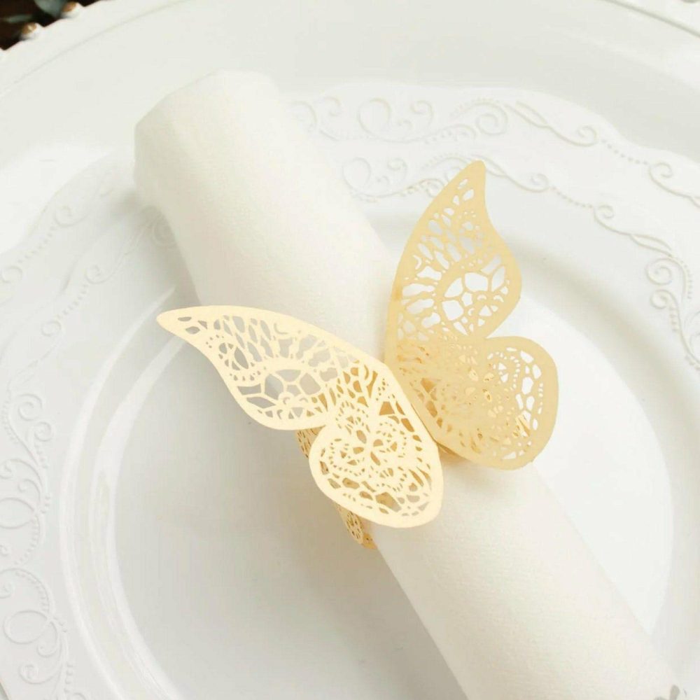 12 Pack Champagne Shimmery Laser Cut Butterfly Paper Napkin Rings, Chair Sash Bows, Serviette Holders  |   Napkin Rings Cloth Napkins Champagne