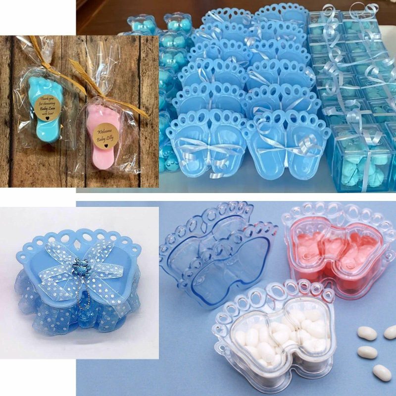 12 Pack Clear / Blue Baby Feet Candy Treat Gift Boxes, Baby Shower Party Favor Boxes 3.5″  |   Mini Trays & Jars Mini Dishes & Bowls Blue