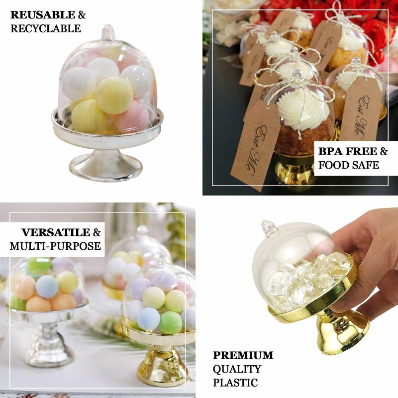 12 Pack Clear Gold Fillable Mini Pedestal Cake Stand Gift Boxes, Candy Treat Favor Boxes With Dome Lid 4″  |   Mini Trays & Jars Mini Dishes & Bowls Gold