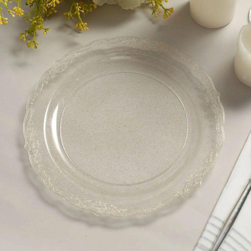 12 Pack Clear Gold Glittered Premium Plastic Dessert Salad Plates, Disposable Plates With Floral Rim Scalloped Edges 7″  |   Disposable Salad/Dessert Plates Disposable Plates Disposable Salad/Dessert Plates