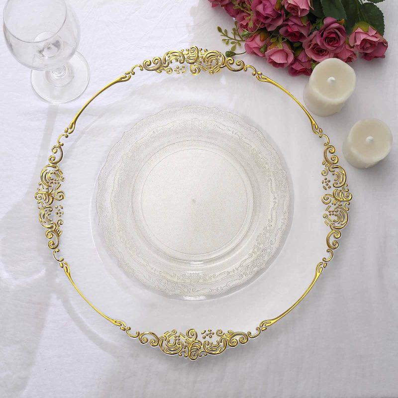 12 Pack Clear Gold Glittered Premium Plastic Dessert Salad Plates, Disposable Plates With Floral Rim Scalloped Edges 7″  |   Disposable Salad/Dessert Plates Disposable Plates Disposable Salad/Dessert Plates