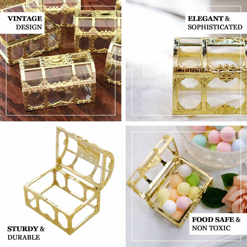 12 Pack Clear Gold Vintage Jewelry Box Candy Containers, Treasure Chest Party Favor Gift Boxes 3.5″  |   Mini Trays & Jars Mini Dishes & Bowls Mini Trays & Jars