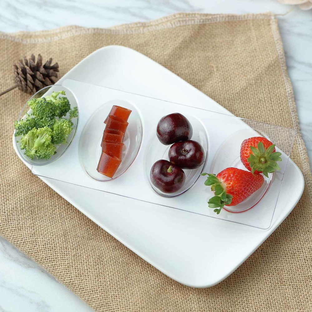 12 Pack Clear Plastic Oval 4-Section Appetizer Trays, Disposable Rectangular Snack Plates 10″  |   Mini Trays & Jars Mini Dishes & Bowls 4 Section Oval Tray