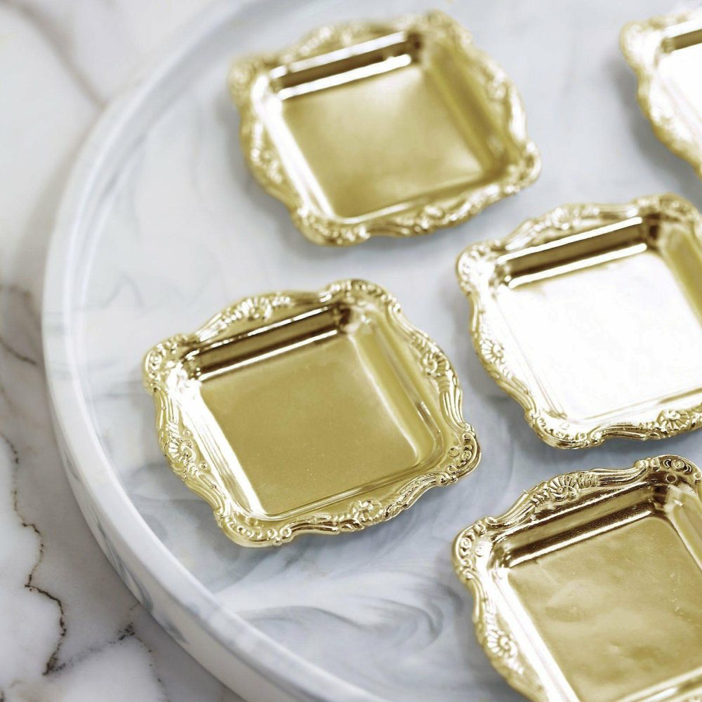 12 Pack Gold Baroque Mini Square Party Favor Candy Display Tray, Sweets and Treats Serving Platter 3″  |   Mini Trays & Jars Mini Dishes & Bowls Gold