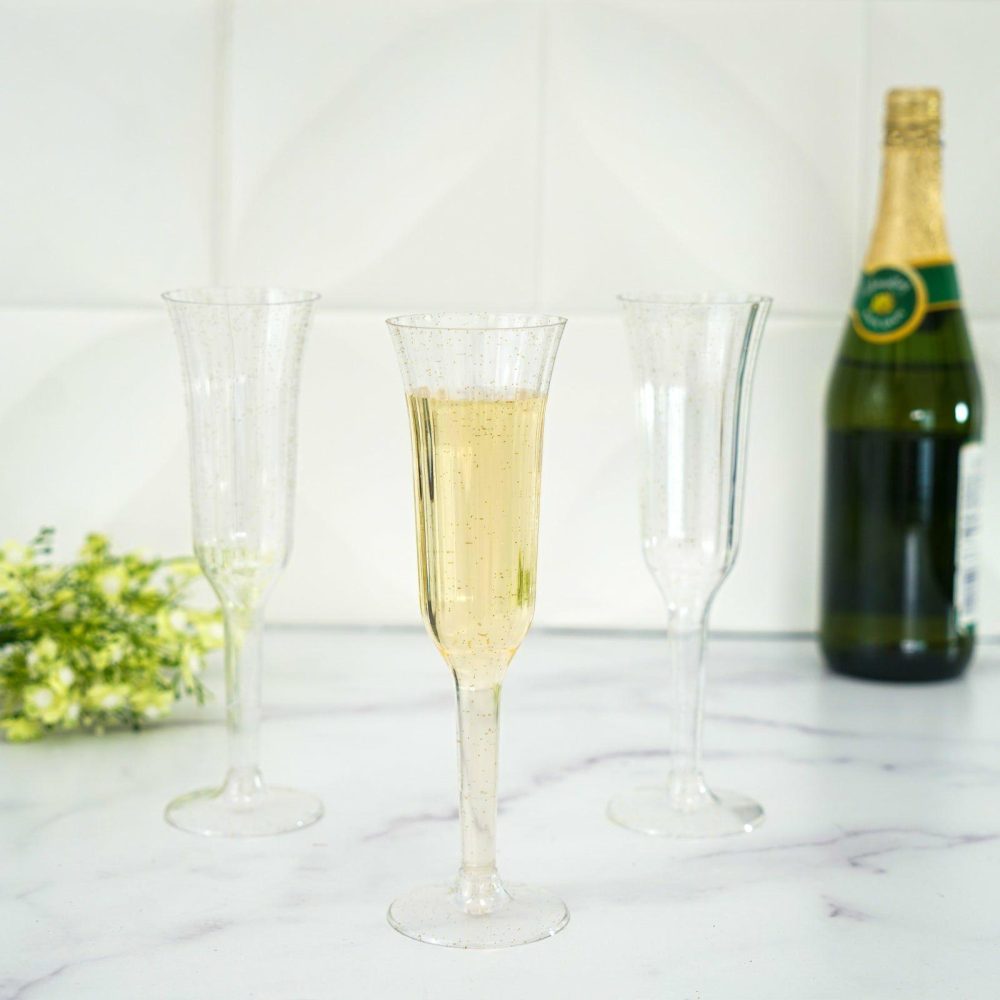 12 Pack Gold Glitter Sprinkled Clear Plastic Champagne Flutes, Disposable Flared Glasses With Detachable Base 6oz  |   Champagne Glasses & Flutes Champagne Glasses & Flutes Champagne Glasses & Flutes