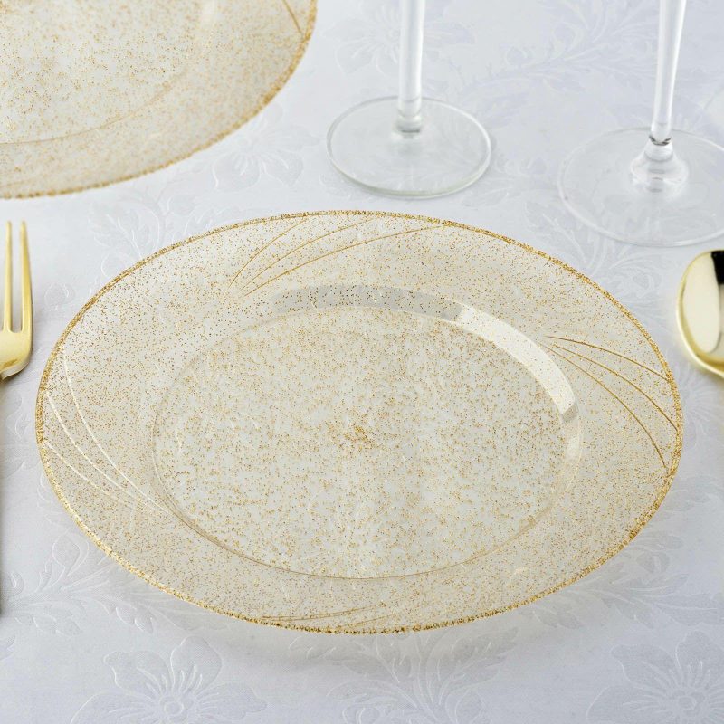 12 Pack Gold Glittered Plastic Disposable Dinner Plates With Shiny Swirl Rim 9″  |   Disposable Dinner Plates Disposable Dinner Plates Clear/Gold