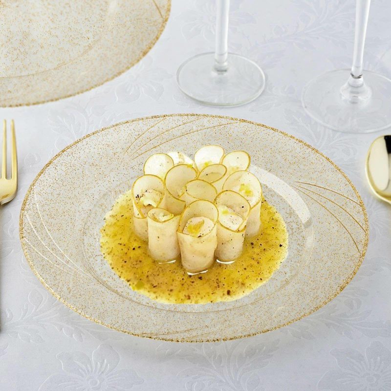 12 Pack Gold Glittered Plastic Disposable Dinner Plates With Shiny Swirl Rim 9″  |   Disposable Dinner Plates Disposable Dinner Plates Clear/Gold