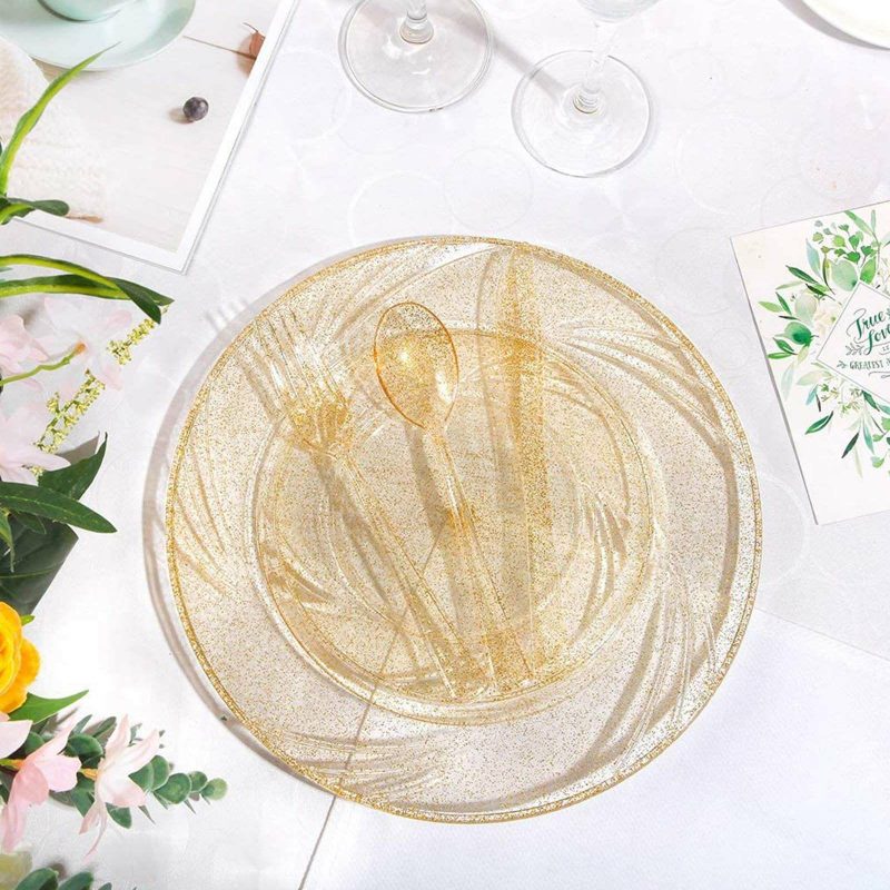 12 Pack Gold Glittered Plastic Disposable Dinner Plates With Shiny Swirl Rim 9″  |   Disposable Dinner Plates Disposable Dinner Plates Clear/Gold