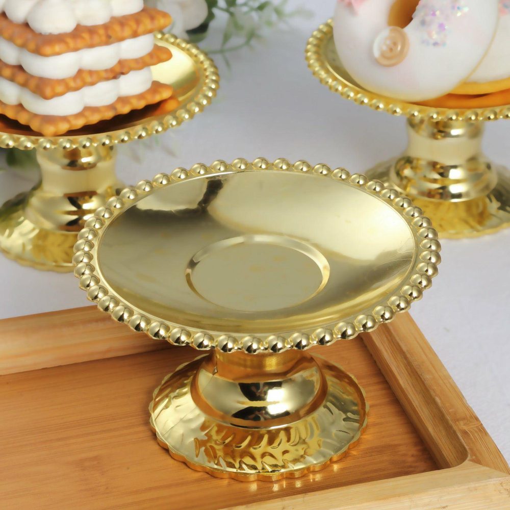 12 Pack Gold Mirror Finish Mini Plastic Pedestal Cupcake Plates With Beaded Rim, Disposable Round Cake Dessert Display Stands 5″  |   Dessert Dishes & Snack Bowls Dessert Dishes & Snack Bowls Dessert Dishes & Snack Bowls