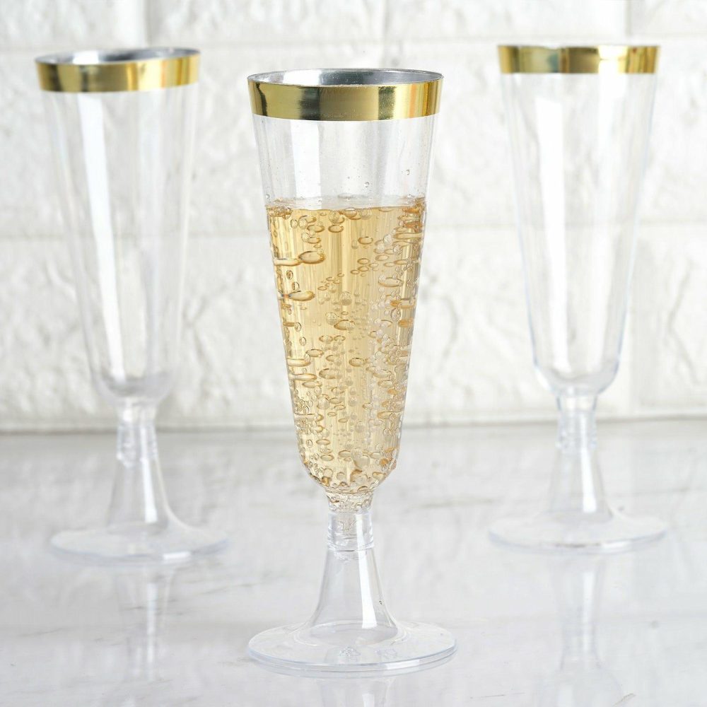 12 Pack Gold Rim Clear Short Stem Plastic Champagne Glasses, Disposable Trumpet Flutes With Detachable Base 5oz  |   Champagne Glasses & Flutes Champagne Glasses & Flutes Champagne Glasses & Flutes