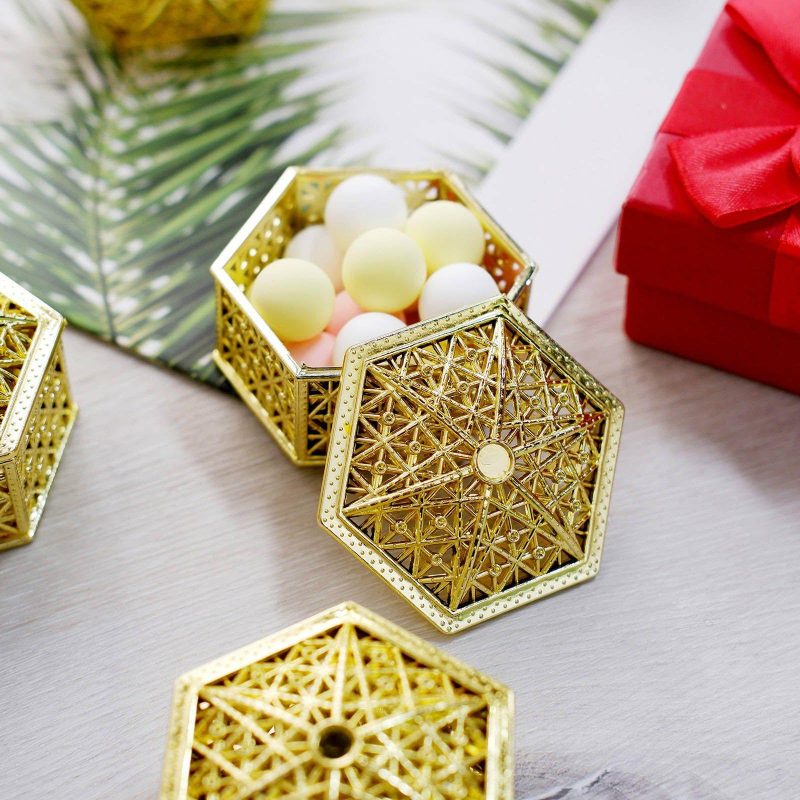 12 Pack Gold Vintage Hexagon Gift Box Candy Containers, Hollow Party Favor Jewelry Boxes 3″  |   Mini Trays & Jars Mini Dishes & Bowls Gold