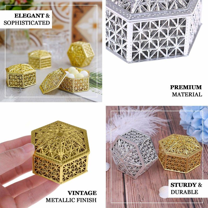 12 Pack Gold Vintage Hexagon Gift Box Candy Containers, Hollow Party Favor Jewelry Boxes 3″  |   Mini Trays & Jars Mini Dishes & Bowls Gold