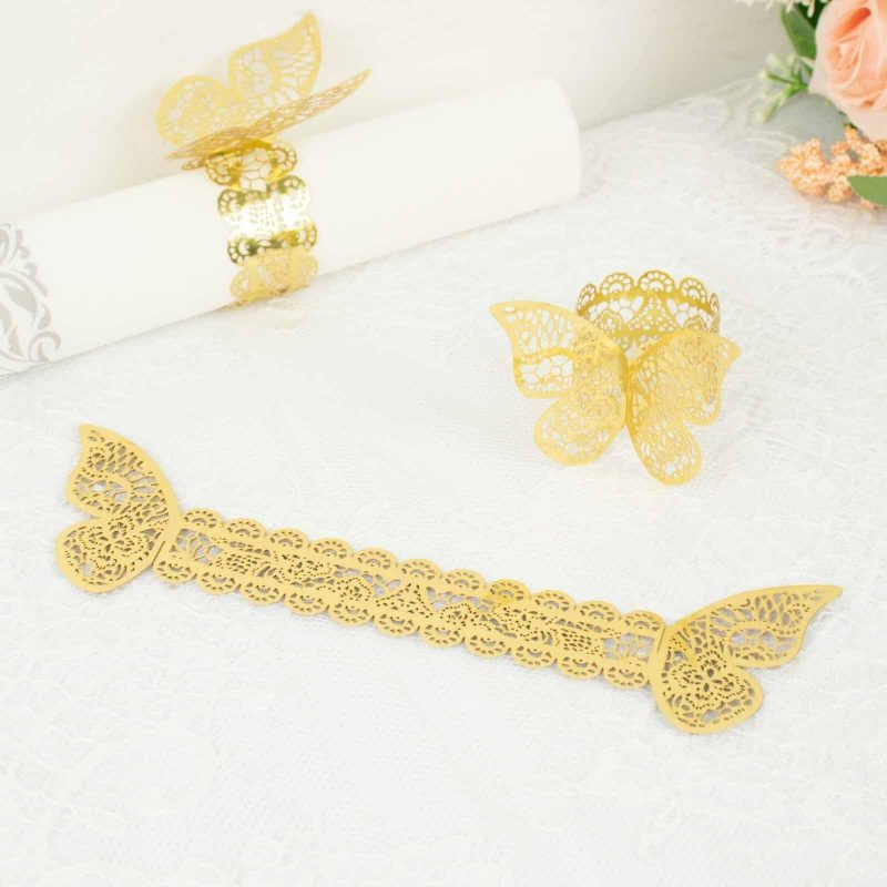 12 Pack Metallic Gold Foil Laser Cut Butterfly Paper Napkin Rings, Chair Sash Bows, Serviette Holders  |   Napkin Rings Cloth Napkins Gold