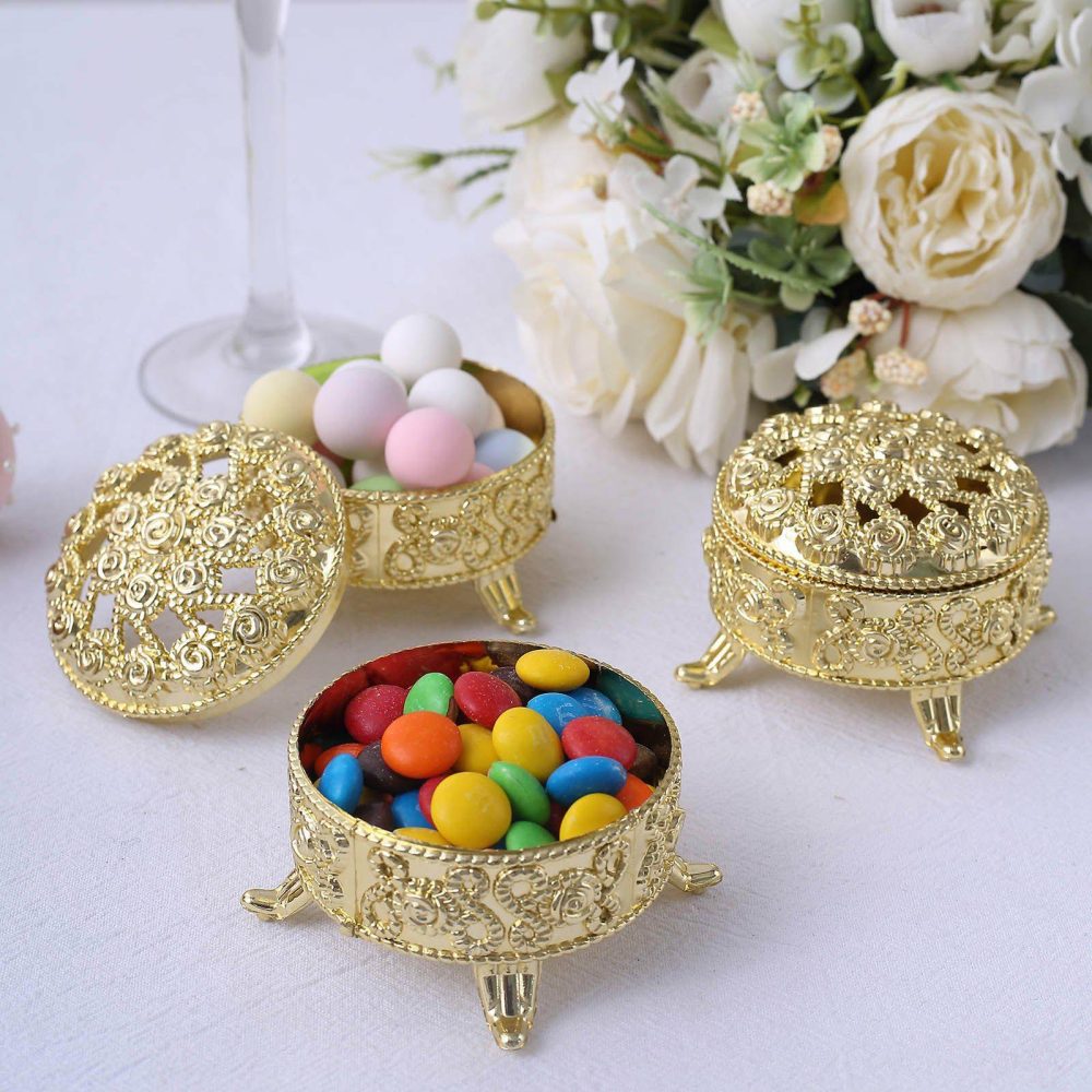 12 Pack Metallic Gold Vintage Plastic Party Gift Boxes, Round Wedding Favor Trinket Candy Containers 2.5″  |   Mini Trays & Jars Mini Dishes & Bowls Mini Trays & Jars