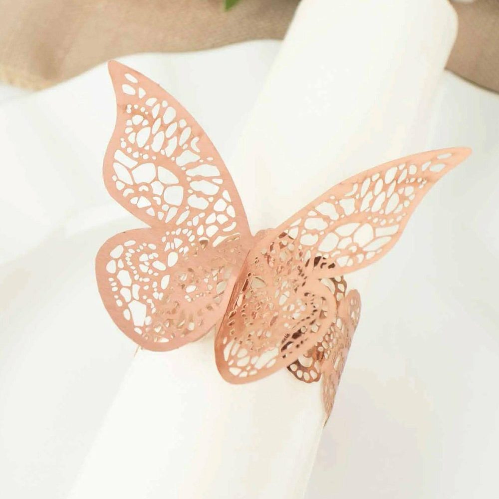 12 Pack Metallic Rose Gold Foil Laser Cut Butterfly Paper Napkin Rings, Chair Sash Bows, Serviette Holders  |   Napkin Rings Cloth Napkins Napkin Rings